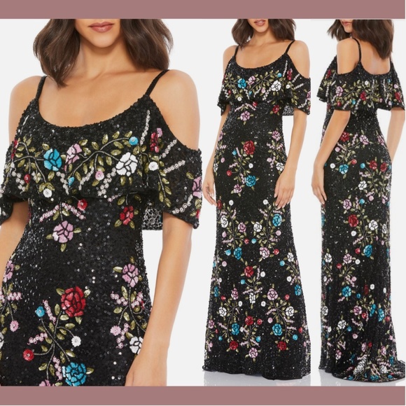 NWT $598 Mac Duggal [ 6 ] Flounce Bodice Floral Beaded‎ Gown in Black - Picture 1 of 15